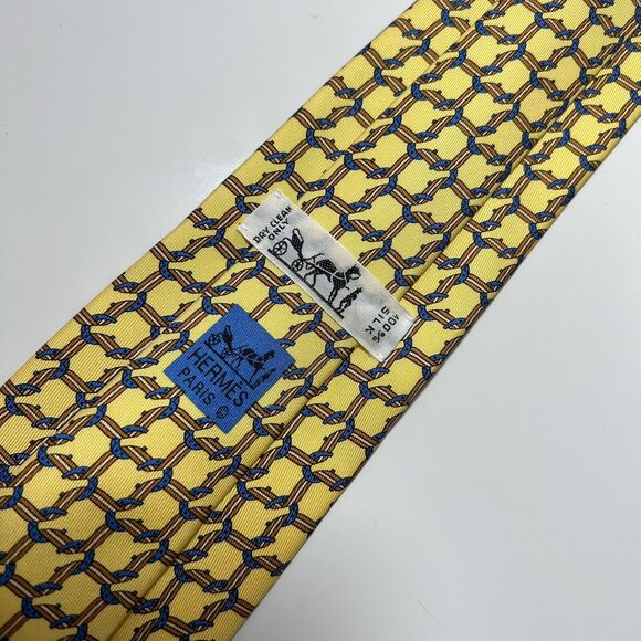 Genuine HERMES 7124FA Yellow Silk Tie w Blue Horseshoe, Brown Weave 58x3.5 LNWOT - Picture 1 of 11